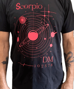 Men's black 100% cotton tee featuring a Scorpio zodiac sign and personalized detail