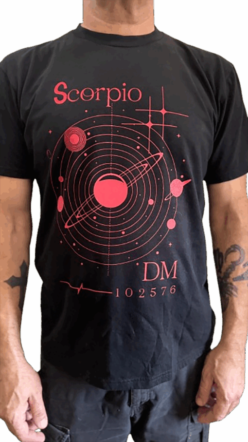 Men's black 100% cotton tee featuring a Scorpio zodiac sign and personalized detail