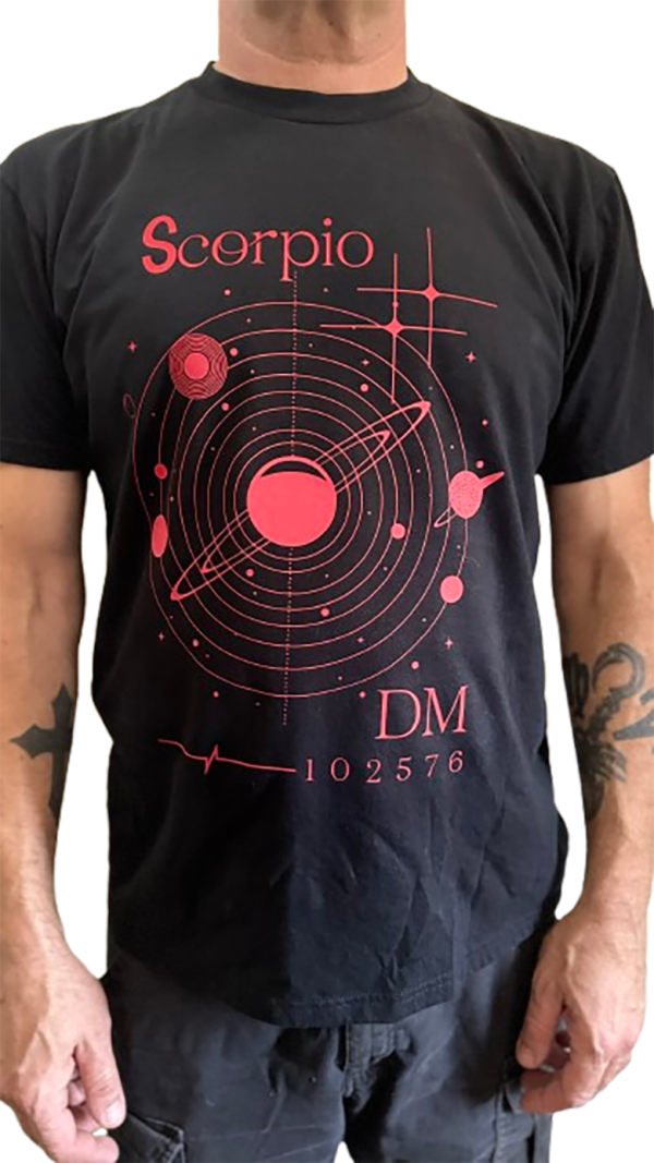 Men's black 100% cotton tee featuring a Scorpio zodiac sign and personalized detail