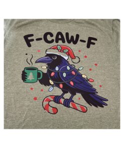 Sassy Christmas crow shirt drinking coffee wrapped in christmas light with pun Fa caw design.