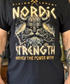 Nordic Strength Viking T-Shirt with gold and gray design on black cotton poly blend, bold masculine warrior graphic