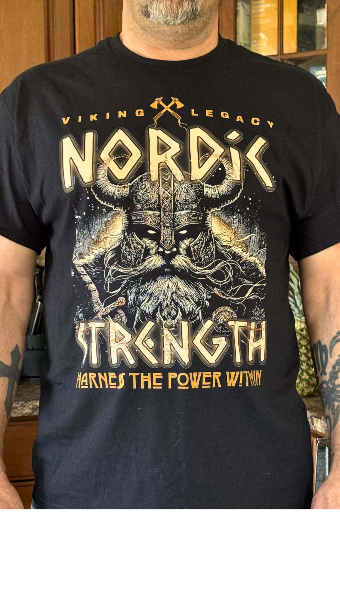Nordic Strength Viking T-Shirt with gold and gray design on black cotton poly blend, bold masculine warrior graphic