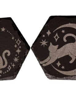 Black Slate Coasters featuring a playful cat with a raised paw and twinkling stars and glowing lights