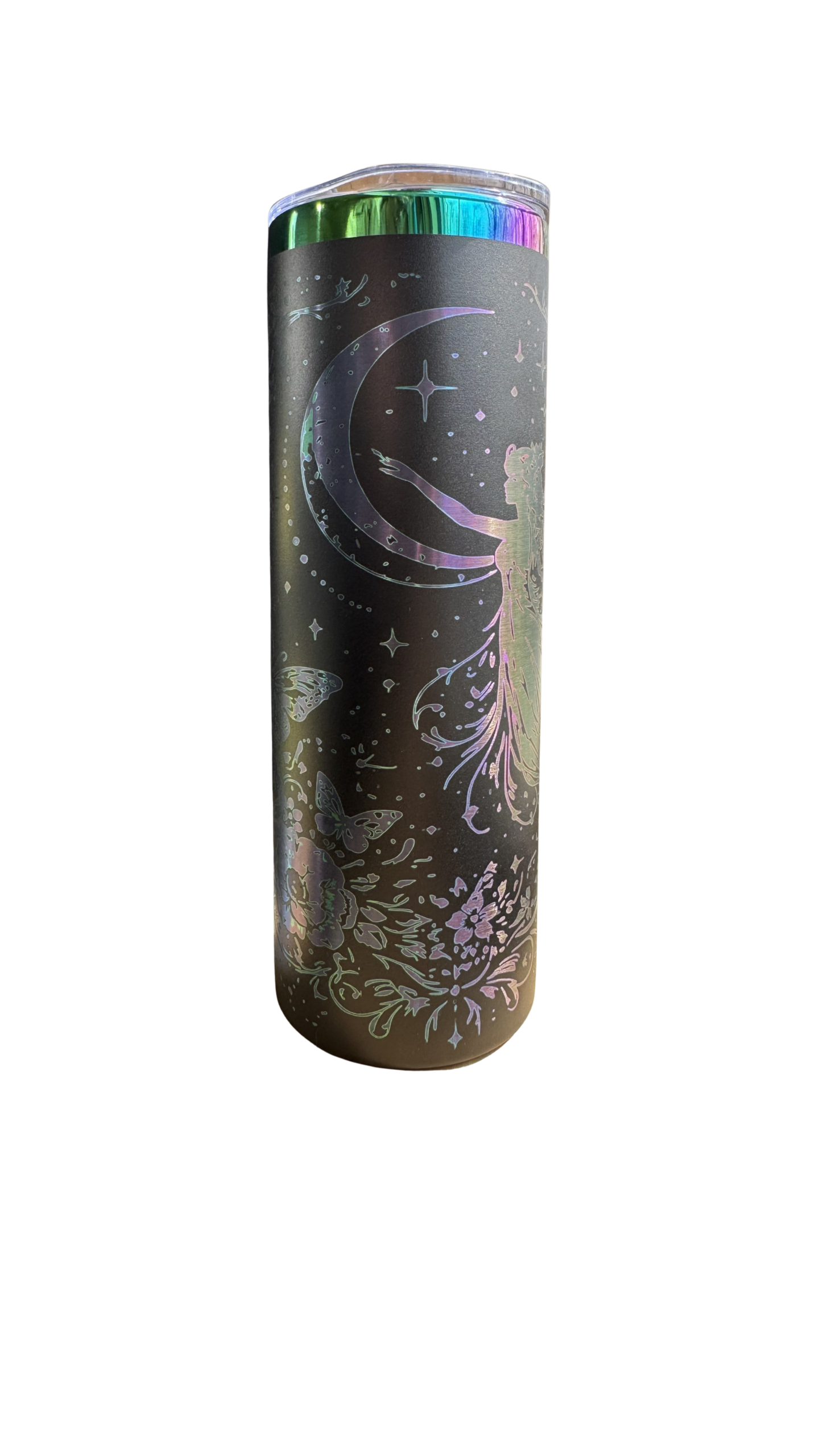 20 ounce black iridescent Fairy Butterfly tumbler with moonlight stars and a whimsical night scene