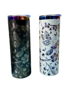 20oz Iridescent stainless steel tumbler with engraved cherry blossoms and butterflies Elegant floral designs