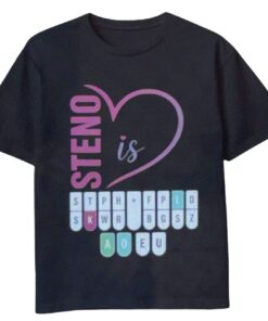 Pink and purple steno is love shirt featuring a heart design and stenotype keyboard graphic highlighting the steno stroke for court reporters and stenography students