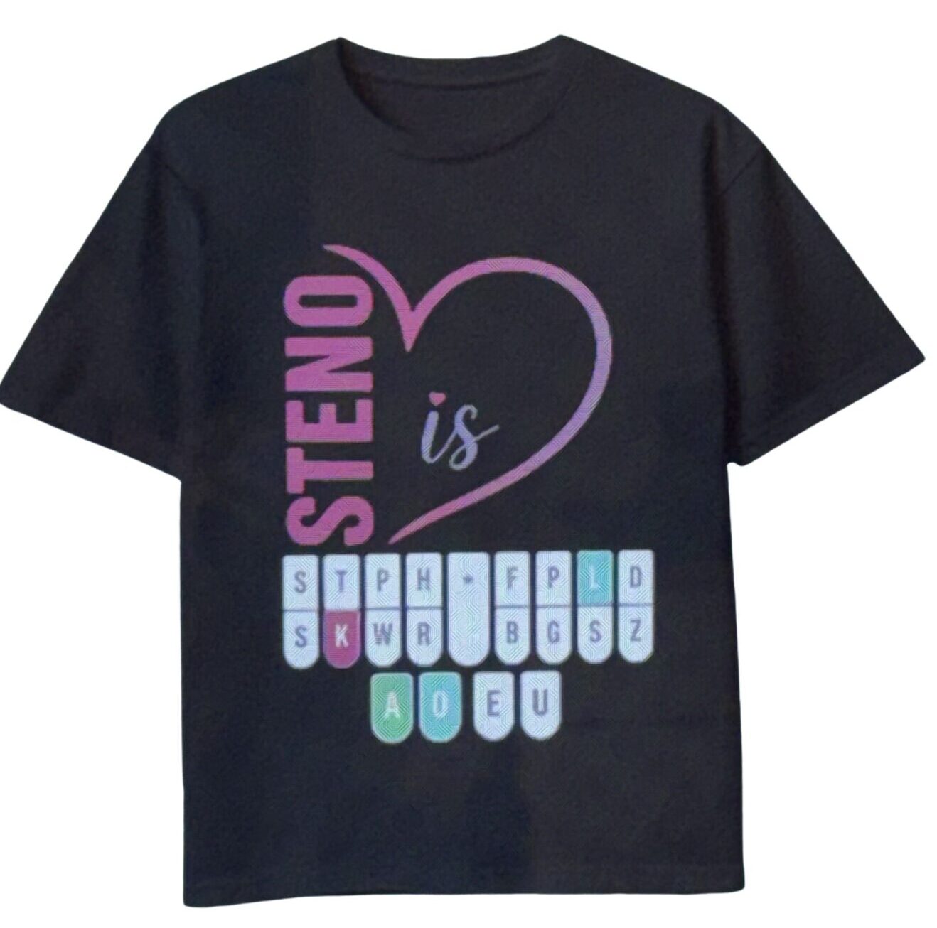 Pink and purple steno is love shirt featuring a heart design and stenotype keyboard graphic highlighting the steno stroke for court reporters and stenography students