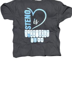 Blue and Green Steno's Love shirt featuring a heart design and stenotype keyboard graphic highlighting the Steno stroke for court reporters and stenography students