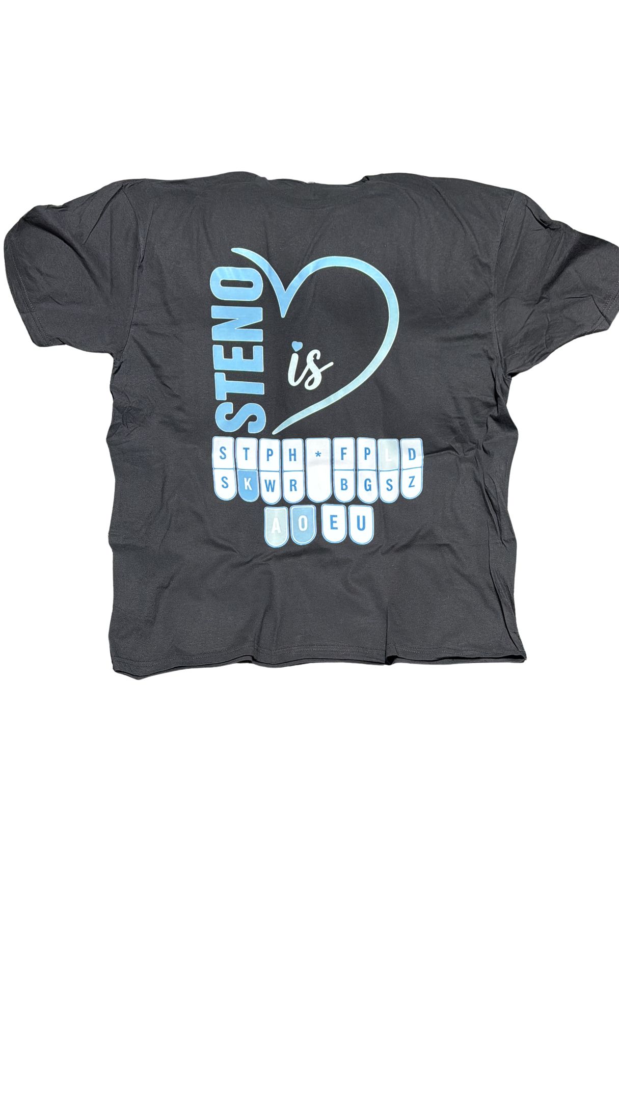 Blue and Green Steno's Love shirt featuring a heart design and stenotype keyboard graphic highlighting the Steno stroke for court reporters and stenography students